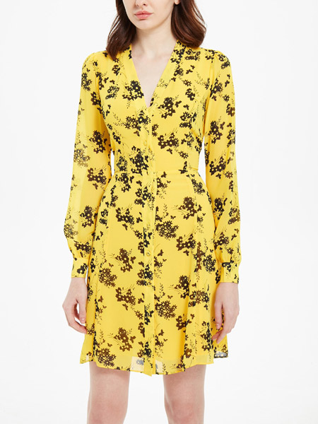 迈克高仕女装品牌2019春夏新款黄色v领收腰显瘦长袖雪纺碎花印花连衣裙