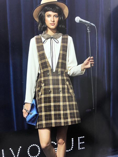 艾格伊品女装品牌2019秋季新款韩版修身V领格子背心裙背带裙套装