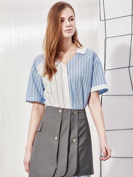 丽芮女装品牌2019春夏新款V领落肩袖设计感拼接条纹衬衫