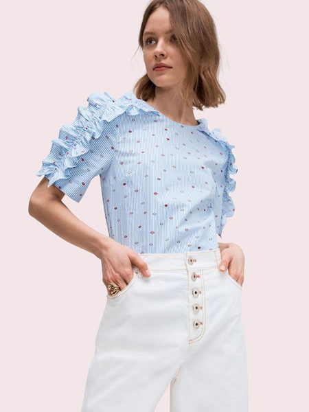 kate spade new york凯特·丝蓓女装品牌2019春夏新款甜美红唇木耳花边短袖圆领衬衫