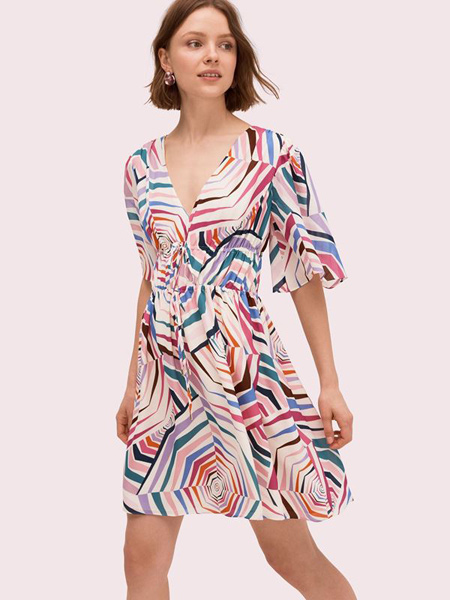 kate spade new york凯特·丝蓓女装品牌2019春夏新款甜美几何图案v领抽带连衣裙