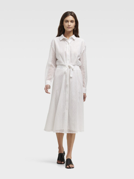 DKNY唐可娜儿女装品牌2019春夏新款白色长袖收腰衬衫式连衣裙礼服长裙