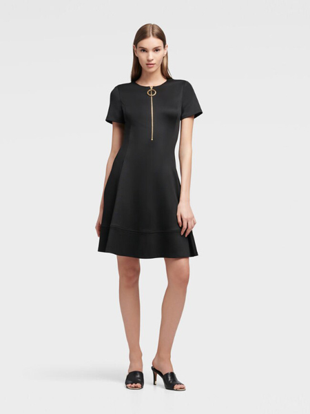 DKNY唐可娜儿女装品牌2019春夏新款半拉链短袖黑色优雅风连衣裙