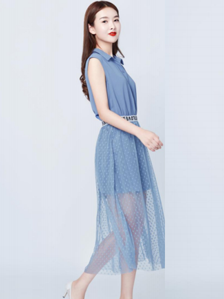 妍可唯女装品牌2019春夏新款两件套装女显瘦连体裤网纱半身裙