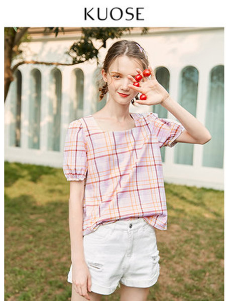 阔色kuose女装品牌2019春夏新款粉色显瘦小清新设计感格子衬衫