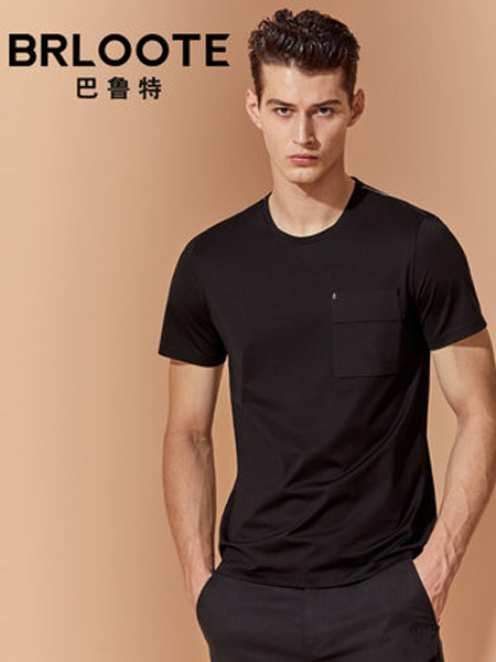 巴鲁特男装品牌2019春夏新款休闲黑色贴袋棉氨舒适短袖T恤