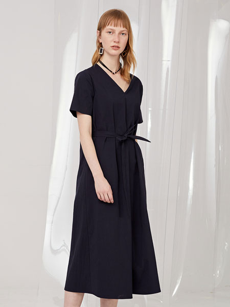 迪笛欧女装品牌2019春夏短袖宽松系带抽绳中长款纯色裙