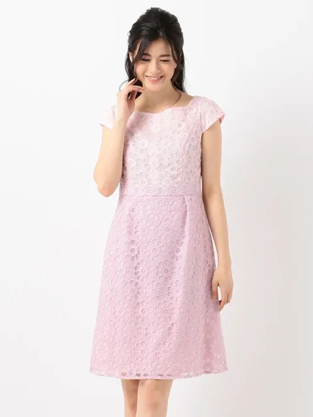 玫瑰子弹女装品牌2019春夏新款圆领纯色优雅镂空收腰蕾丝连衣裙