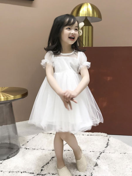 妹妹恩倪童装品牌2019春夏韩版蕾丝前襟白色公主裙蓬蓬连衣裙