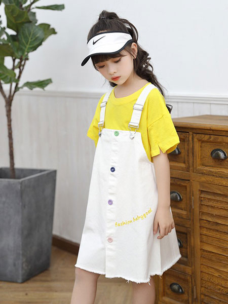 1+2=3童装品牌2019春夏糖果色单排扣背带连衣裙