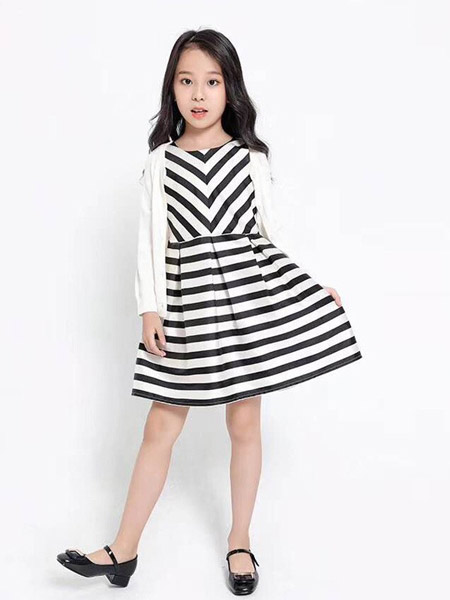 贝贝依依童装品牌2019春夏新款洋气条纹时尚短袖连衣裙