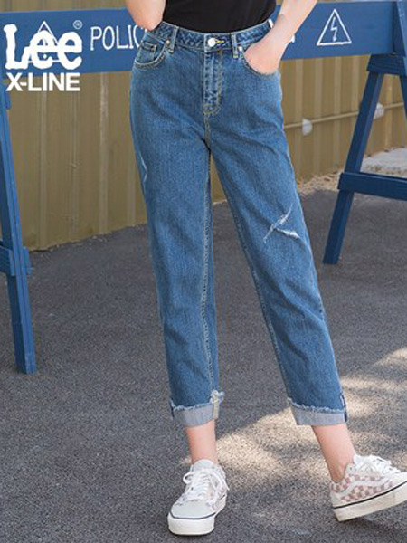 Lee休闲品牌2019春夏新款蓝色高腰直筒休闲牛仔裤