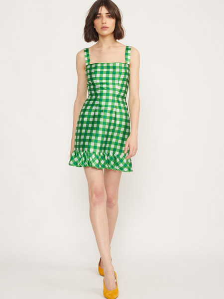 Cynthia Rowley辛西娅·洛蕾女装品牌2019春夏新款时尚复古吊带绿白格子连衣裙
