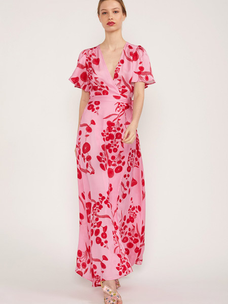 Cynthia Rowley辛西娅·洛蕾女装品牌2019春夏新款V领泡泡袖印花系带腰连衣裙