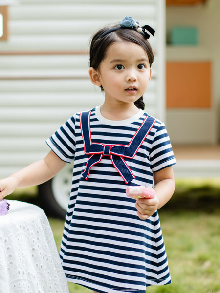 恰貝貝童裝品牌2019春夏新款休閑女童條紋短袖洋氣連衣裙