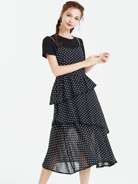 艾丽莎女装品牌2019春夏新款甜美很仙的裙子波点雪纺长裙两件套吊带连衣裙