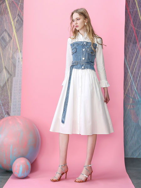MOOSY女装品牌2019春夏白色系带收腰减龄小个子长裙连衣裙