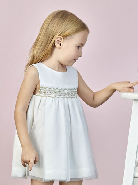 阳光鼠童装品牌2019春夏新款洋气白色刺绣礼服连衣裙
