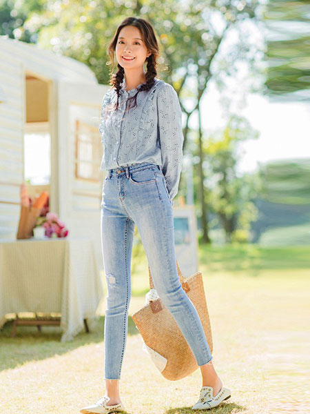 茵曼女装品牌2019春夏弹力牛仔裤女铅笔九分裤显瘦