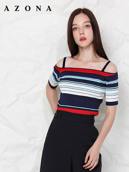 Azona A02阿桑娜 A02女装品牌2019春夏新款撞色条纹吊带针织衫