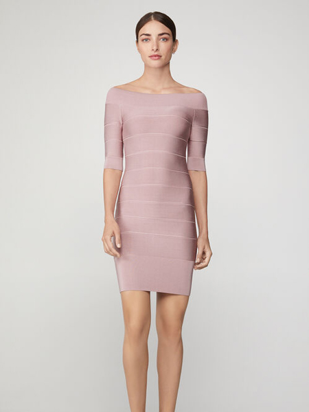 Herve Leger荷芙妮格女装品牌2019春夏新款修身包臀显瘦一字肩打底连衣裙气质短裙