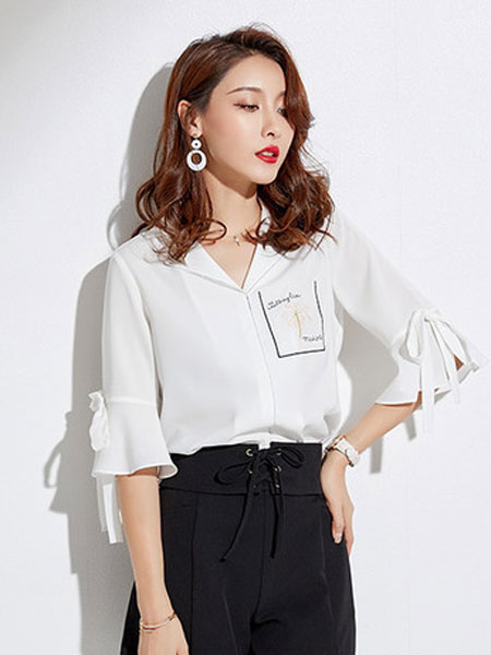 M+女装品牌2019春夏新款短袖荷叶边喇叭袖超仙洋气白色雪纺衫