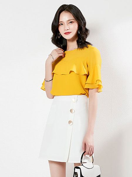M+女装品牌2019春夏新款时尚气质修身甜美黄色衬衣