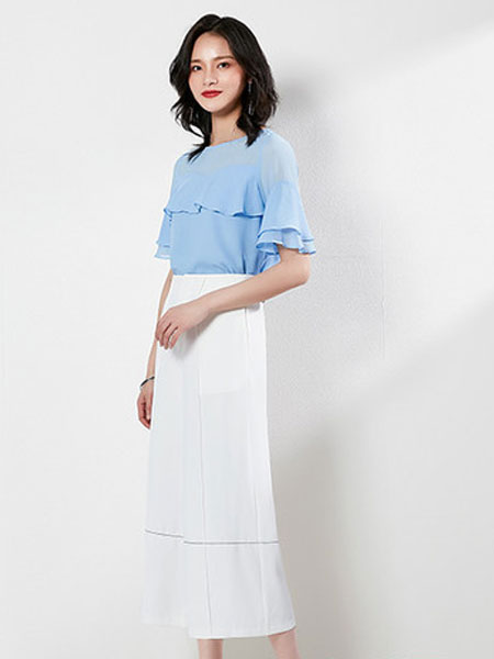 M+女装品牌2019春夏韩版修身显瘦圆领荷叶边气质花边短袖雪纺衫
