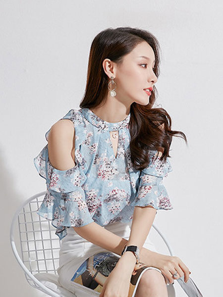 M+女装品牌2019春夏短袖修身显瘦印花雪纺衫