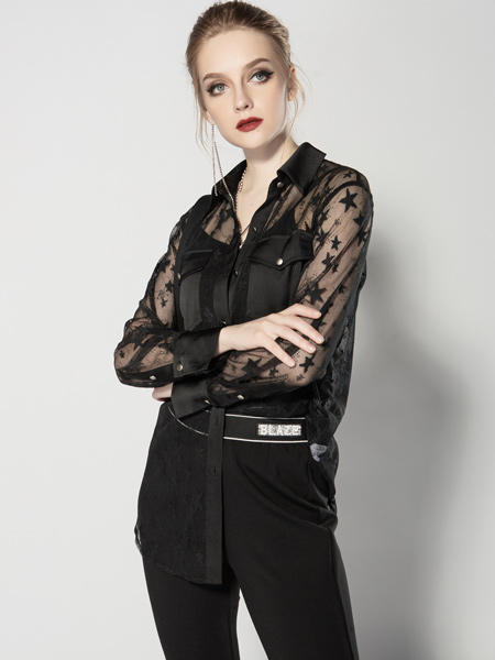JA&EXUN女装品牌2019秋季新款宽松黑色蕾丝薄款长袖衬衫