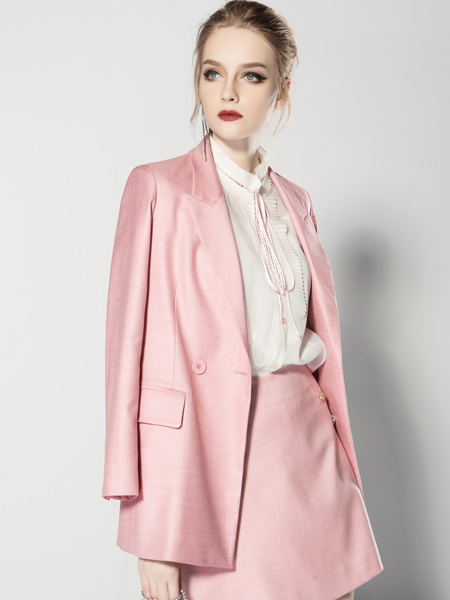 JA&EXUN女装品牌2019秋季新款时髦气质通勤粉色西装外套
