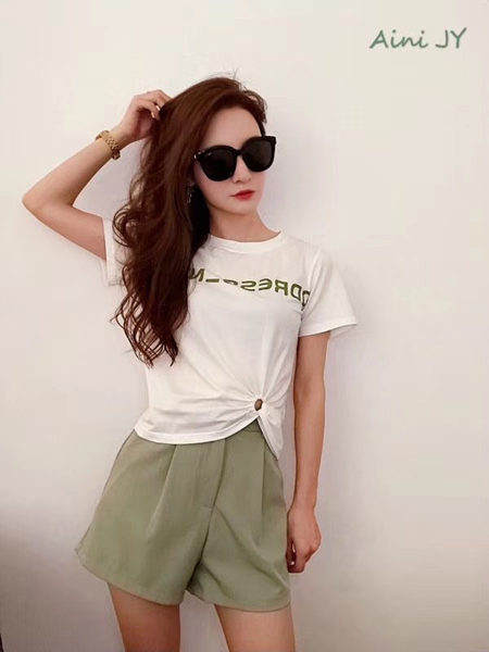 Aini JY女装品牌2019春夏新款韩版修身时尚圆领短袖T恤