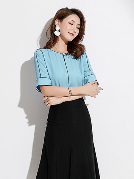 M+女装品牌2019春夏新款韩版宽松设计感小众撞色洋气职业衬衣