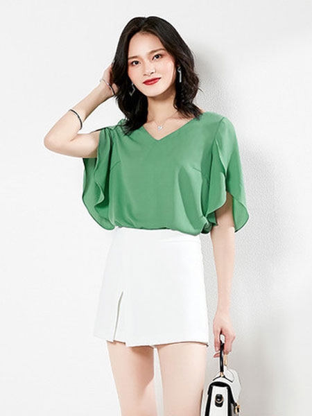 M+女装品牌2019春夏新款洋气短袖韩版气质纯色显瘦小个子上衣