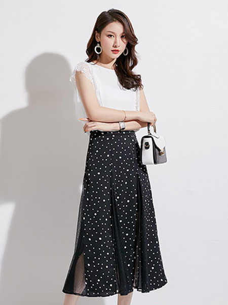 M+女装品牌2019春夏气质优雅圆波点中长款半身裙