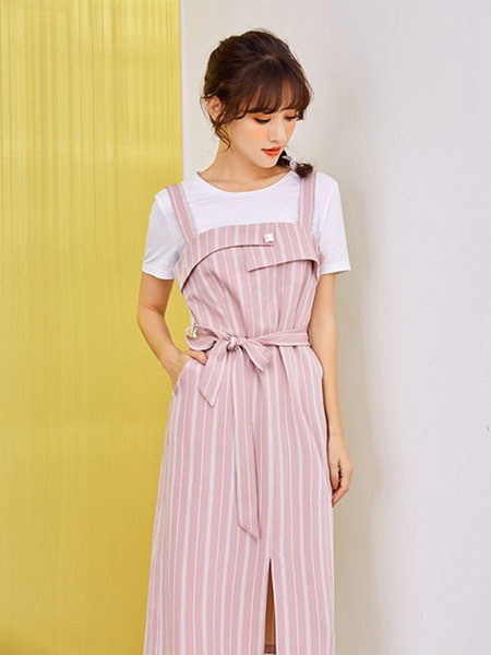 新一檬女装品牌2019春夏新款韩版收腰小清新中长款拼接假两件裙