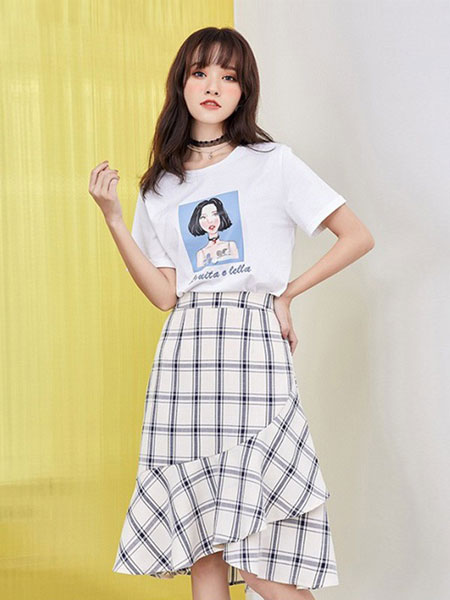 新一檬女装品牌2019春夏新款韩版不规则复古半身裙百搭中长款裙