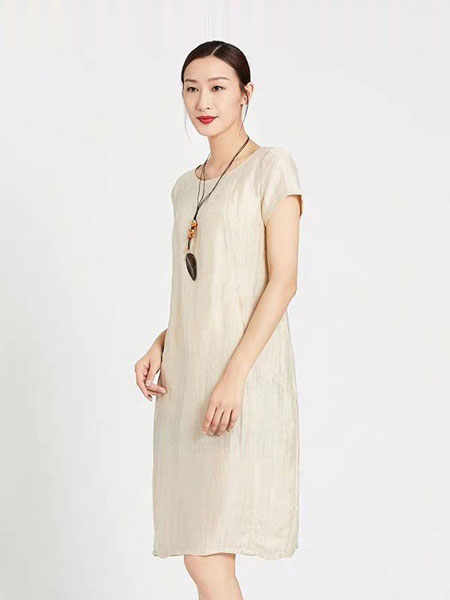 天意女装品牌2019春夏新款 亚麻棉短袖 廓形连衣裙