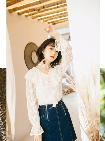 MISSLI女装品牌2019秋季新款甜美百塔荷叶边系带蕾丝衬衫