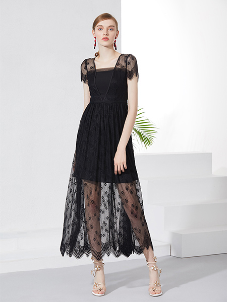 古歌女装品牌2019春夏新款气质甜美蕾丝很仙的连衣裙