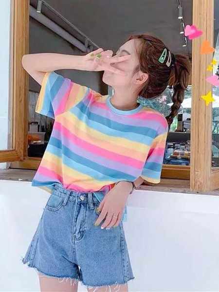 二号街角女装品牌2019春夏新款韩版宽松彩虹条纹短袖T恤