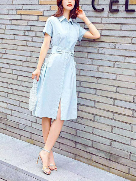 二号街角女装品牌2019春夏新款韩版休闲系带收腰显瘦短袖连衣裙