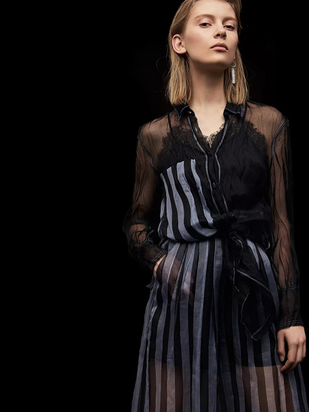 艾利欧女装品牌2019秋季新款韩版时尚气质性感修身款显瘦透衬衫衬衣