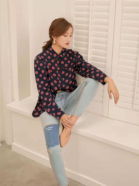 M+女装品牌2019秋季新款韩版百搭款圆点系带长袖衬衫