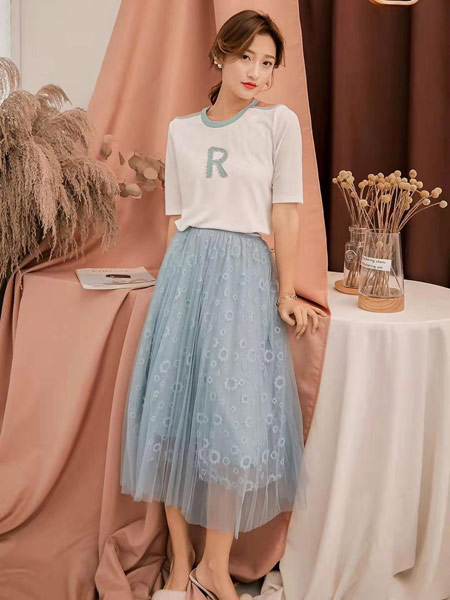 M+女装品牌2019秋季新款两件套韩版网纱裙甜美学院风清新套装