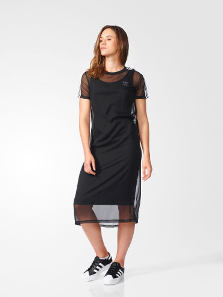 Adidas SLVR女装品牌2019春夏新款小清新修身显瘦网纱短袖休闲连衣裙