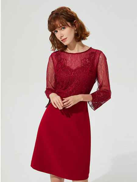 萊茵女裝品牌2019秋季新款紅色優雅名媛鏤空蕾絲長袖收腰連衣裙
