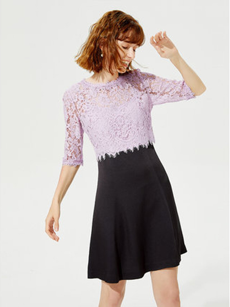 莱茵女装品牌2019秋季新款法式温柔气质蕾丝镂空假两件连衣裙