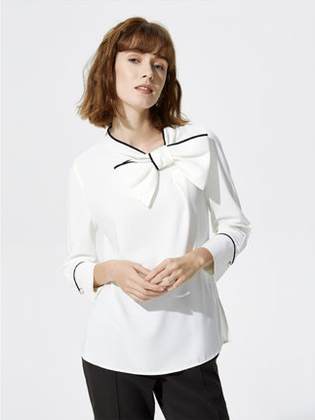 莱茵女装品牌2019秋季新款白色时尚立领蝴蝶结衬衣洋气职业长袖衬衫