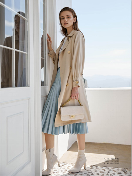 朗斯莉女装品牌2019秋季新款韩版双排扣长款系带风衣外套